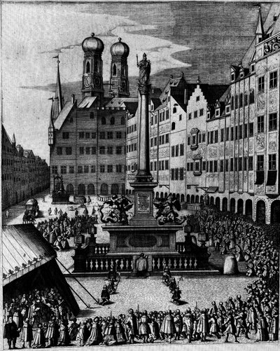 Messa cattolica in Marienplatz a Monaco, intorno alla Colonna di Maria, simbolo del culto controriformista di Maria da Bartholomäus Kilian